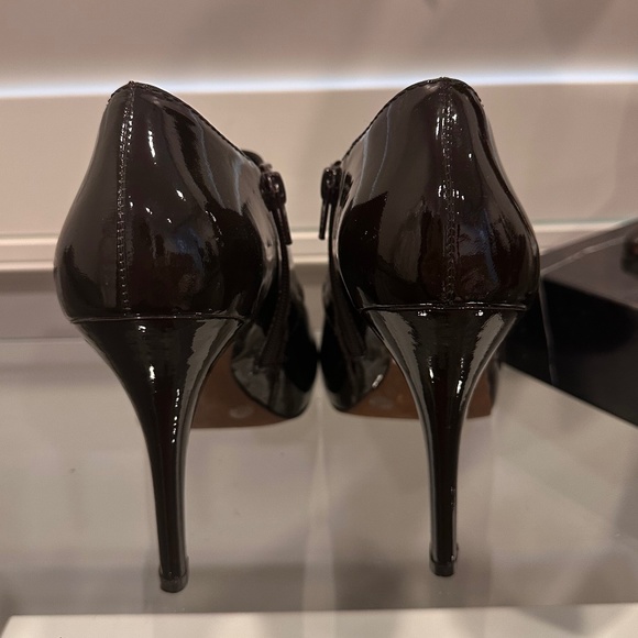 BCBG MAX AZRIA Peep Toe Heels Bootie in Deep Mahogany with Gold Buckle Detail - Picture 3 of 5